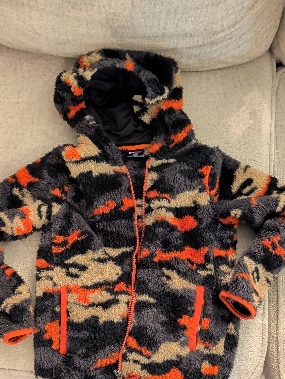 Fuzzy Hooded Zip Jacket in Black, Tan & Orange